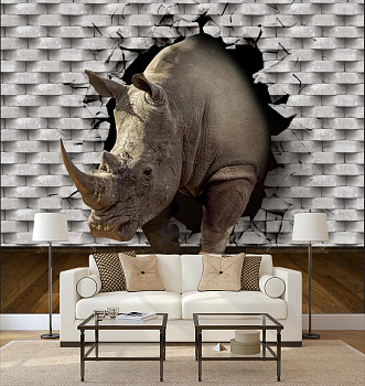 Носорог в интерьере гостиной с диваном