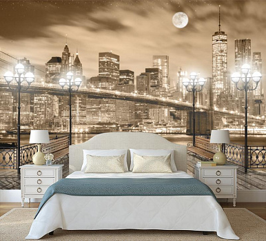 Терраса с видом на Брукленский мост в интерьере спальни