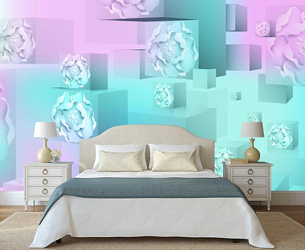 Кубики с изображением цветов в интерьере спальни