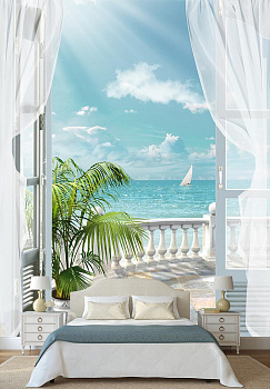 Балкон с видом на море в интерьере спальни