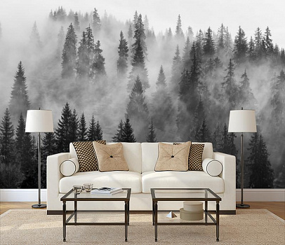 Туман в еловом лесу в интерьере гостиной с диваном