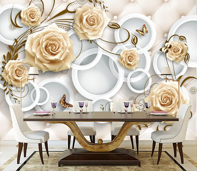 Чайные розы в кругах в интерьере кухни с большим столом