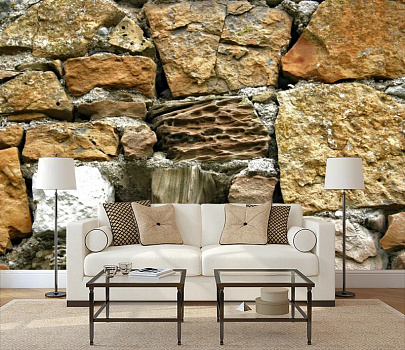 Стена из камня разной формы в интерьере гостиной с диваном
