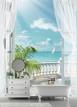 Балкон с видом на море в интерьере ванной