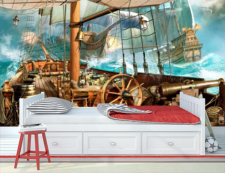 Корабли в шторме в интерьере детской комнаты мальчика