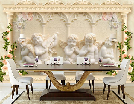 Пять ангелов в интерьере кухни с большим столом