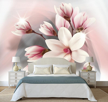 Белые цветы на розово-сером  в интерьере спальни