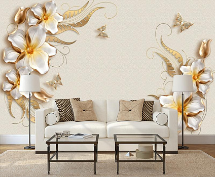Белые цветы с золотом в интерьере гостиной с диваном