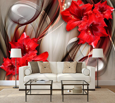 Красные лилии  в интерьере гостиной с диваном
