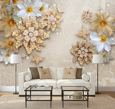 Белые и золотые цветы  в интерьере гостиной с диваном