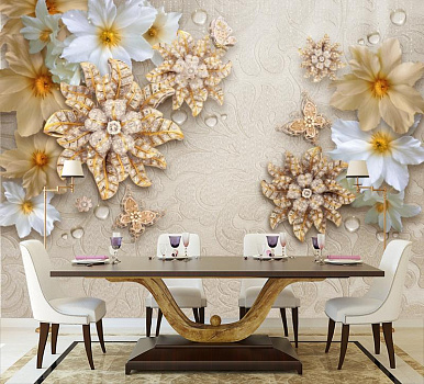 Белые и золотые цветы  в интерьере кухни с большим столом