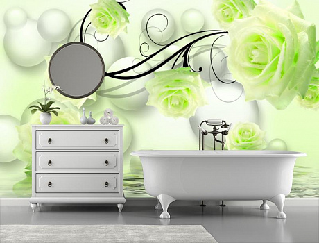 Зеленые розы с белыми шарами в интерьере ванной