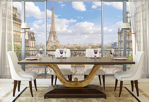 Окно в Париж в интерьере кухни с большим столом