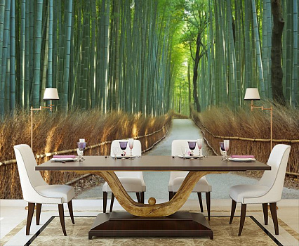 Дорога среди бамбука в интерьере кухни с большим столом