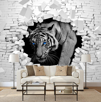 Тигр проходящий сквозь белую стену в интерьере гостиной с диваном