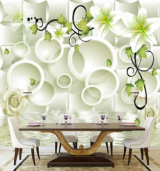 3Д круги и белые цветы в интерьере кухни с большим столом