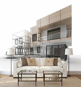 Эскиз современного дома в интерьере гостиной с диваном