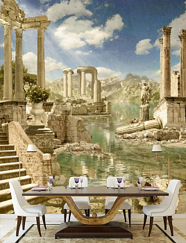 Греческие развалины у реки в интерьере кухни с большим столом
