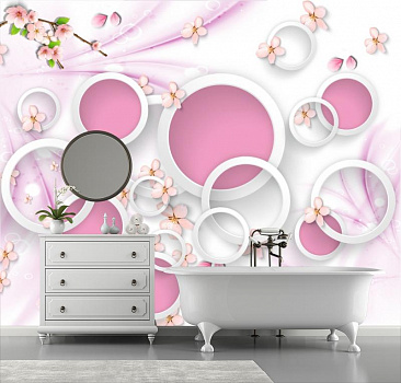 Розовые круги с цветами сакуры в интерьере ванной