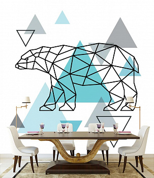 Геометрический медведь в интерьере кухни с большим столом