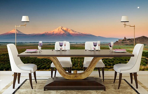 Виноградники в долине в интерьере кухни с большим столом