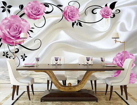 Розы и белый шелк в интерьере кухни с большим столом