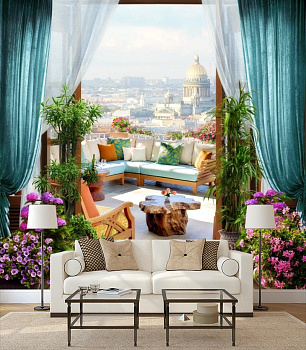 Уютная терраса с видом на город в интерьере гостиной с диваном