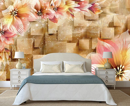 Коричневые квадраты с цветами в интерьере спальни