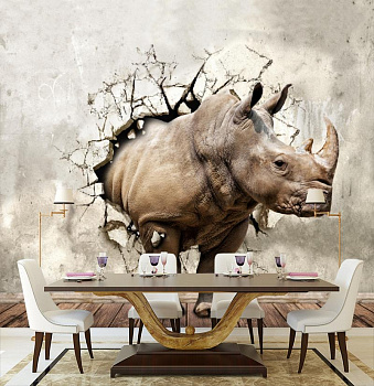 Носорог в стене в интерьере кухни с большим столом