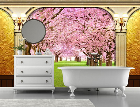 Парк цветущей сакуры в интерьере ванной