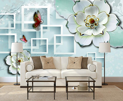 Белые цветы с белыми квадратами в интерьере гостиной с диваном