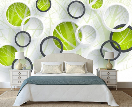 Объемные зеленые круги в интерьере спальни