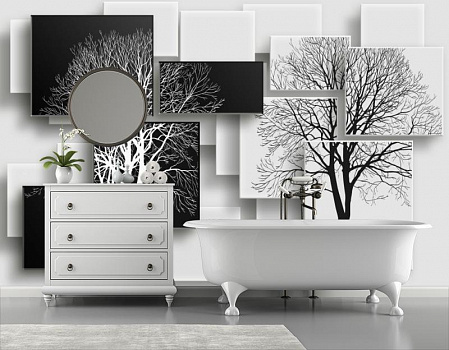 Деревья на черном и белом фоне в интерьере ванной