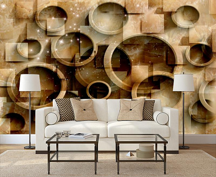 Мраморная стена с кругами в интерьере гостиной с диваном