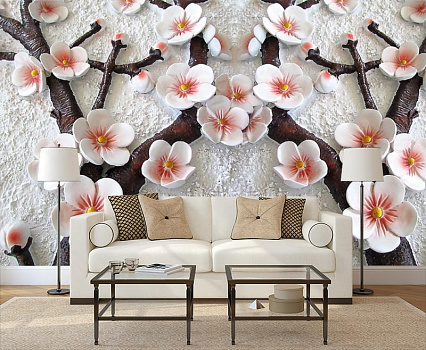Цветы сакуры  в интерьере гостиной с диваном