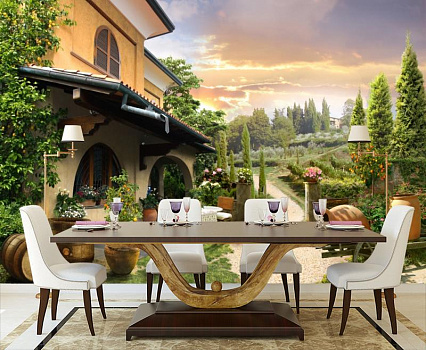 Уютный дворик Прованса в интерьере кухни с большим столом