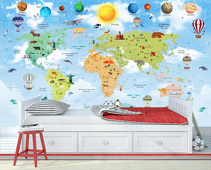 Детская карта мира с планетами в интерьере детской комнаты мальчика