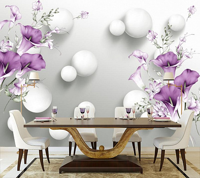 Белые шары с калами в интерьере кухни с большим столом