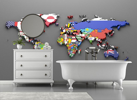 Карта мира из флагов стран в интерьере ванной
