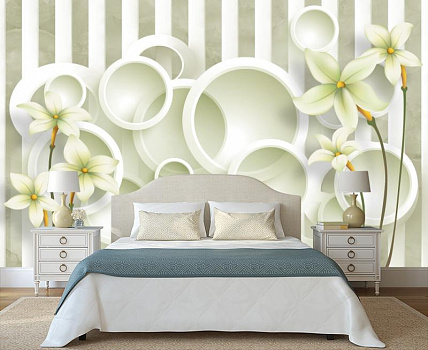 Белые лилии с кругами в интерьере спальни