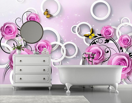 Розовые розы на белых кругах в интерьере ванной