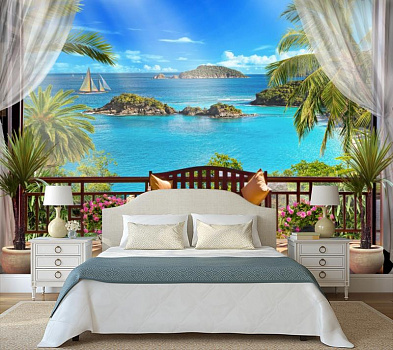 Терасса со морским пейзажем  в интерьере спальни