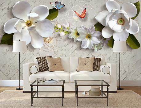 Белые цветы с бабочками в интерьере гостиной с диваном