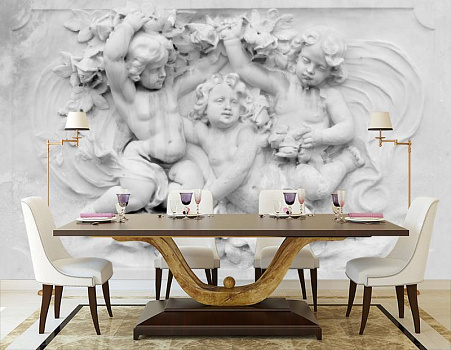 Дети ангелы в интерьере кухни с большим столом