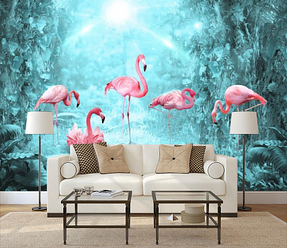 Розовые фламинго  в интерьере гостиной с диваном