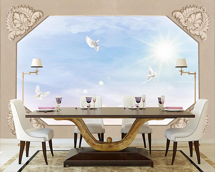 Белые голуби в небе в интерьере кухни с большим столом