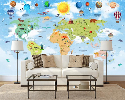 Детская карта мира с планетами в интерьере гостиной с диваном