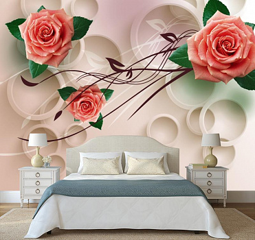 Белые круги с красными розами в интерьере спальни