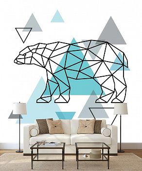 Геометрический медведь в интерьере гостиной с диваном