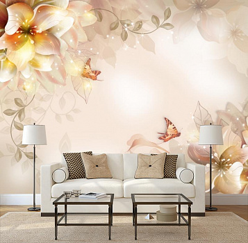 Бабочки с цветами в интерьере гостиной с диваном